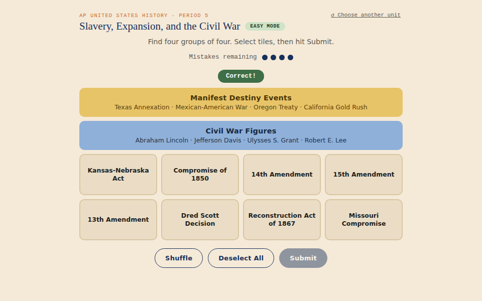 AP Connections gameplay, two solved category groups above a grid of remaining tiles in an AP US History puzzle
