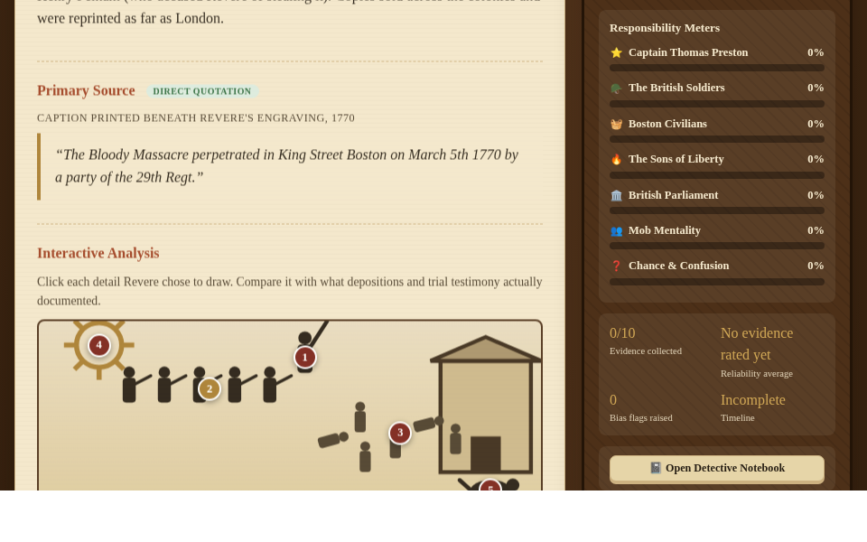 Who Was Responsible for the Boston Massacre? gameplay, an evidence exhibit with an interactive engraving diagram