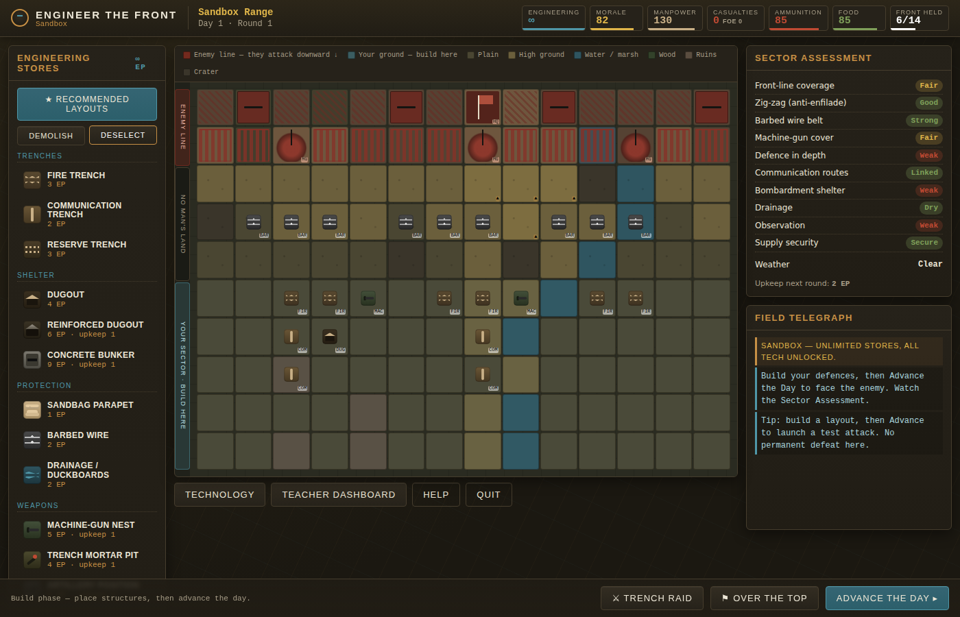 Engineer the Front gameplay, a WWI trench network with fire trenches, dugouts, and machine-gun nests