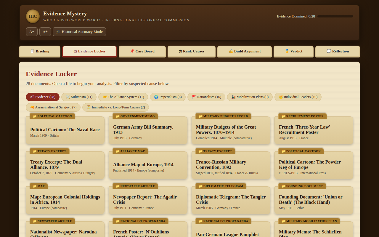 Evidence Mystery: Who Caused World War I? gameplay, the evidence locker of primary-source documents