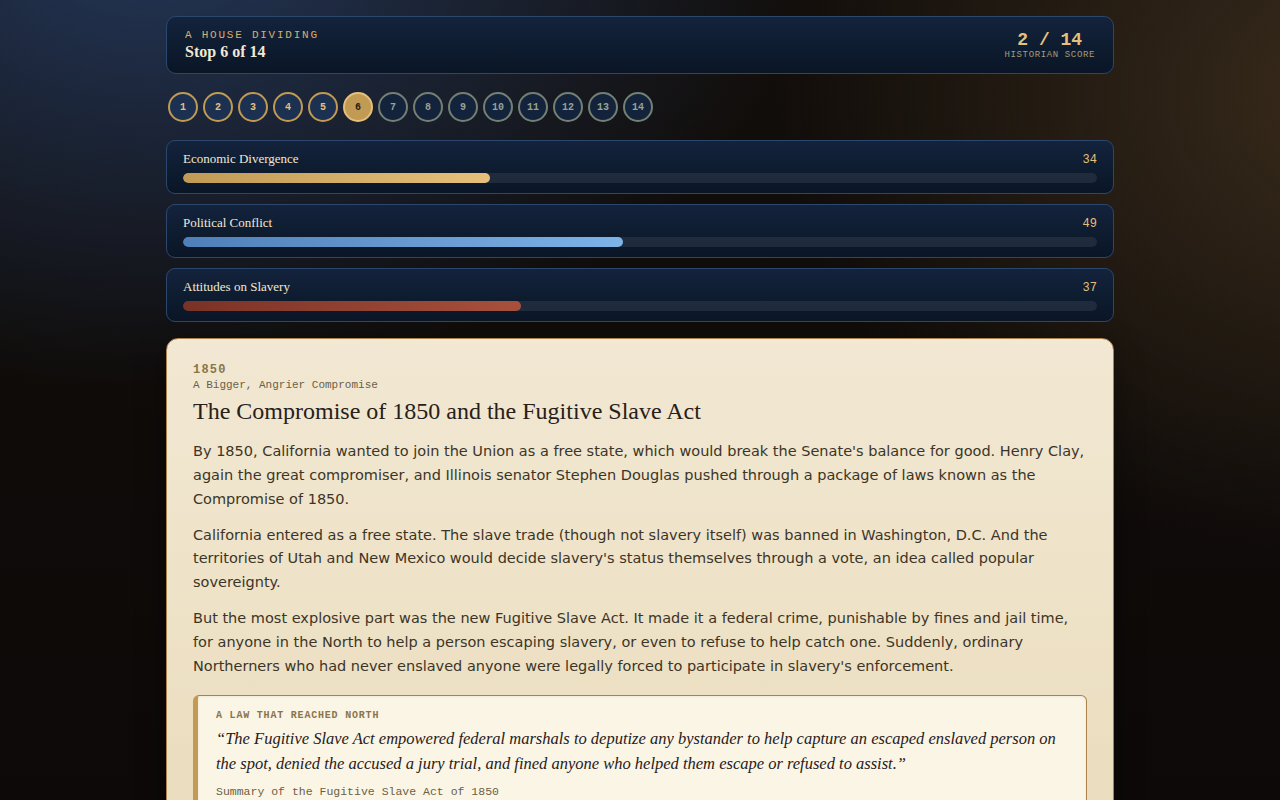 A House Dividing gameplay, a timeline dashboard with three tension meters above a primary-source stop card