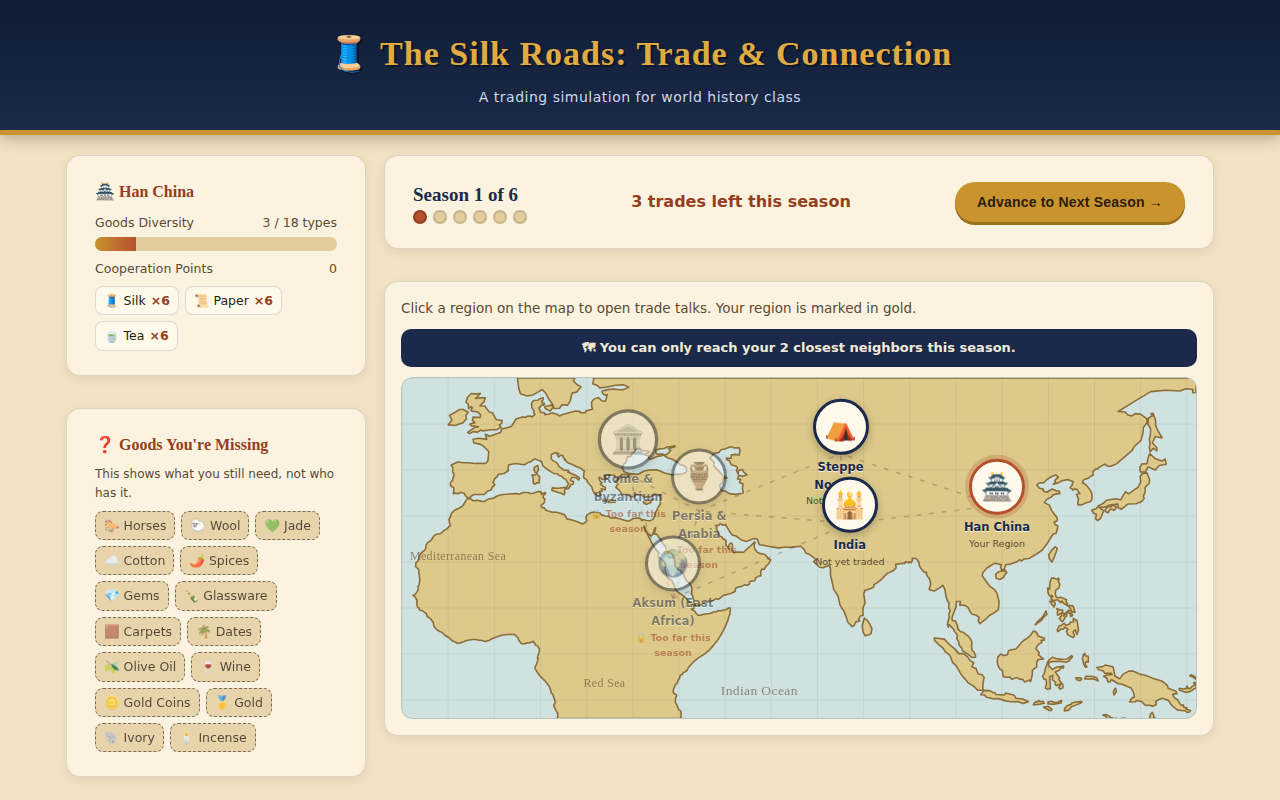 The Silk Roads: Trade & Connection gameplay, a world map showing trading regions
