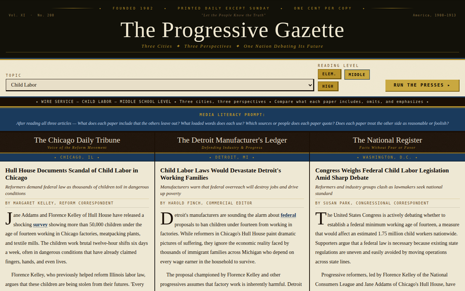 The Progressive Gazette, three newspaper perspectives on child labor