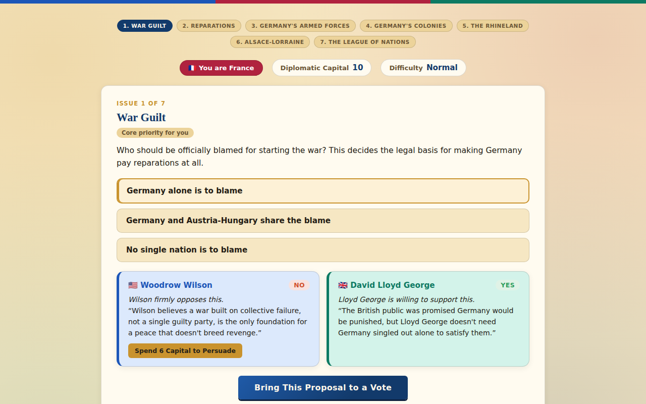 Treaty of Versailles gameplay, delegate reaction panels for the United States and Britain during the War Guilt negotiation