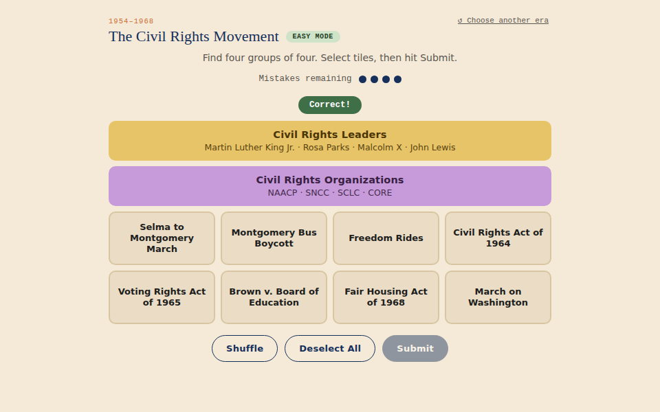 US History Connections gameplay, two solved category groups above a grid of remaining tiles